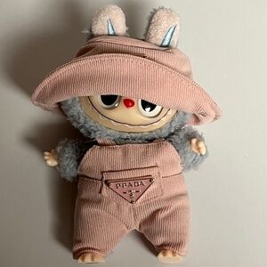 Designer Overalls Corduroy Bucket Hat Outfit For Labubu Pink 2 Piece Set